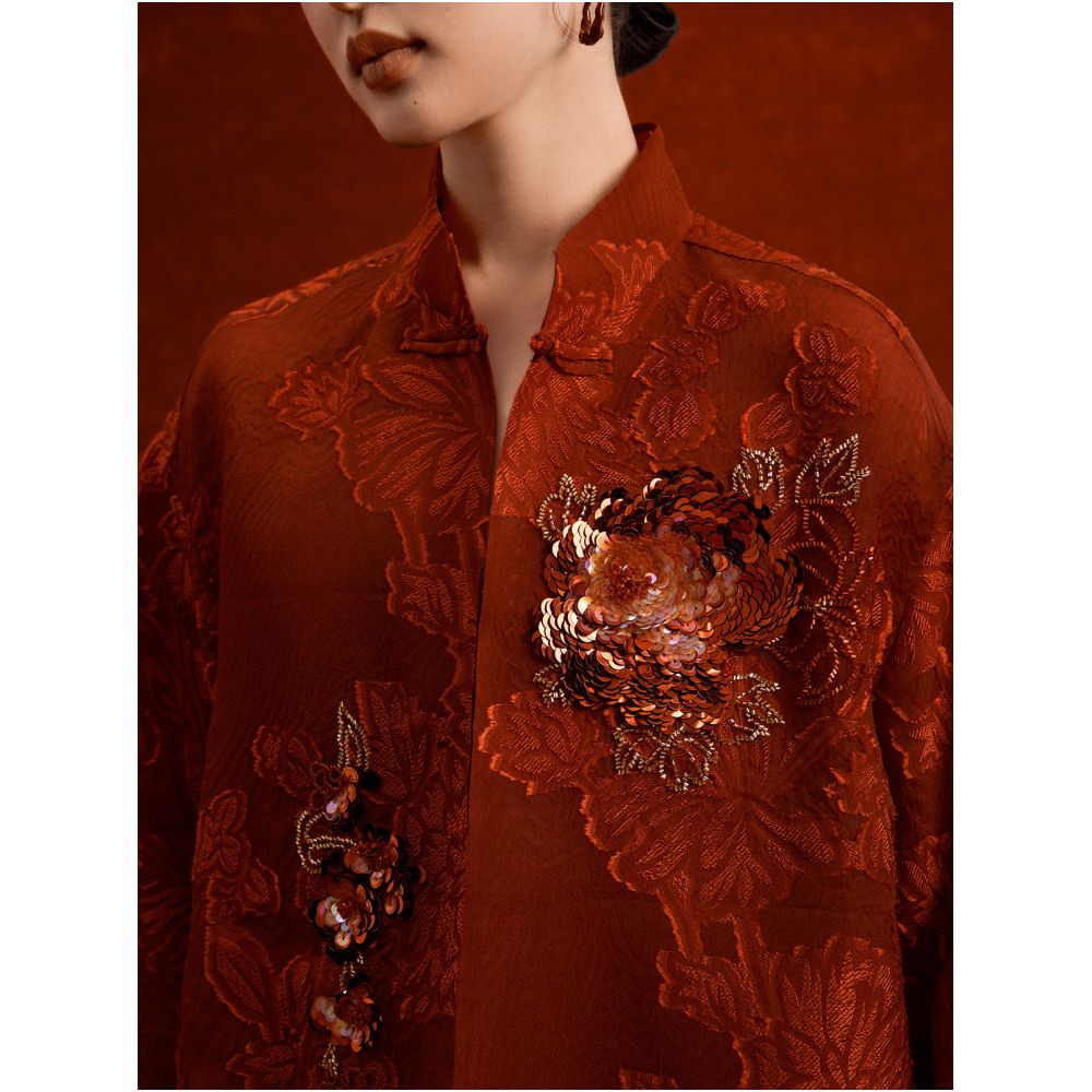 On the 12th day of the Chinese New Year red tassels cut flowers peonies plum blossoms nail beads outerwear 18mm silk loose fitting Chinese style top image 2