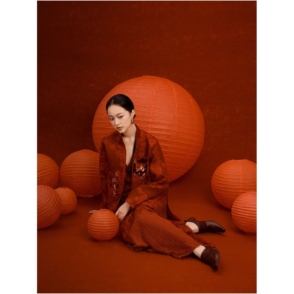 On the 12th day of the Chinese New Year red tassels cut flowers peonies plum blossoms nail beads outerwear 18mm silk loose fitting Chinese style top image 3