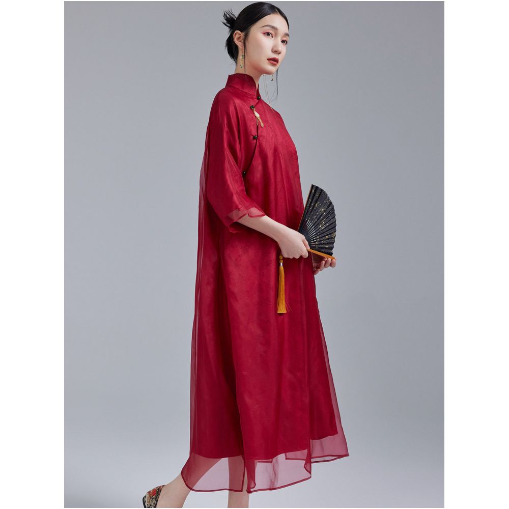 Moyu s new Chinese style 100 silk organza plus size morning gown new Chinese banquet red qipao dress image 1