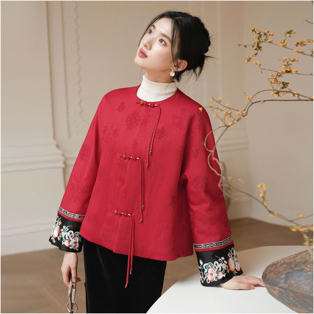 Chinese style red jacket for women in the autumn and winter of 2025 new Chinese retro jacquard style loose top image 2