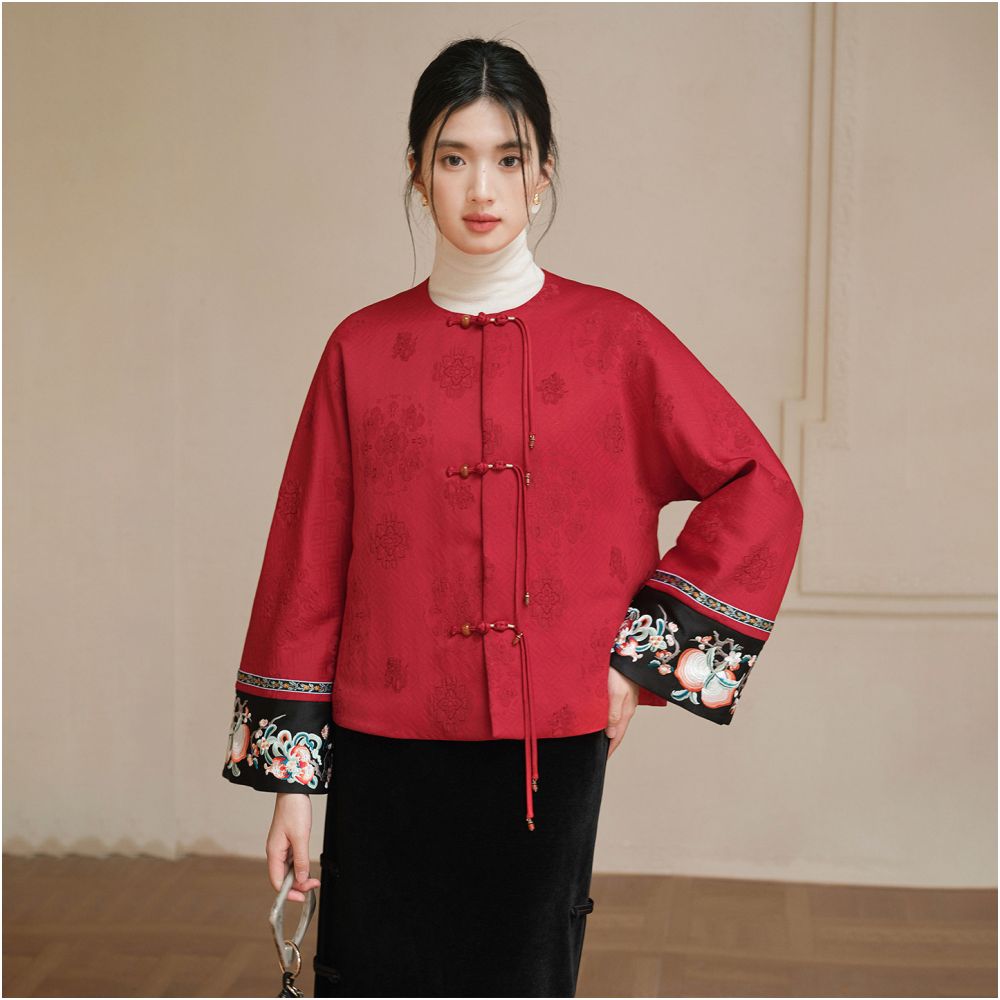 Chinese style red jacket for women in the autumn and winter of 2025 new Chinese retro jacquard style loose top image 5