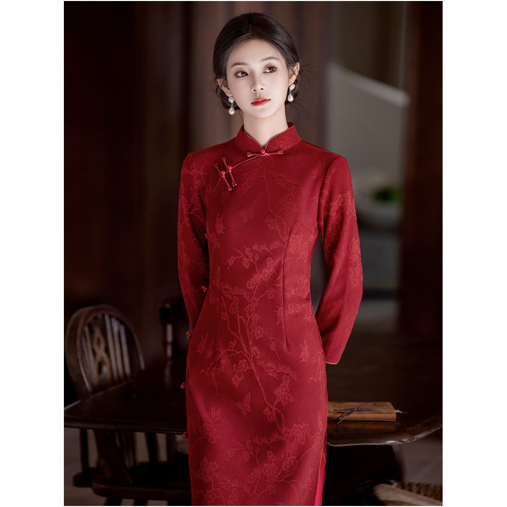 HARSIDE New Chinese Retro Chinese Style Long sleeved Stand up Collar Cheongsam Autumn Winter Bridal Toast Dress Engagement High end Beautiful image 0
