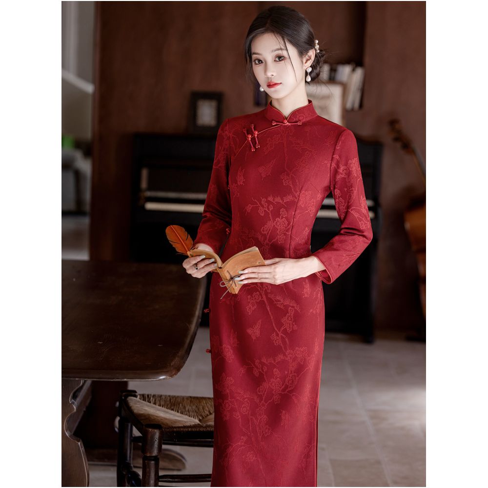 HARSIDE New Chinese Retro Chinese Style Long sleeved Stand up Collar Cheongsam Autumn Winter Bridal Toast Dress Engagement High end Beautiful image 1