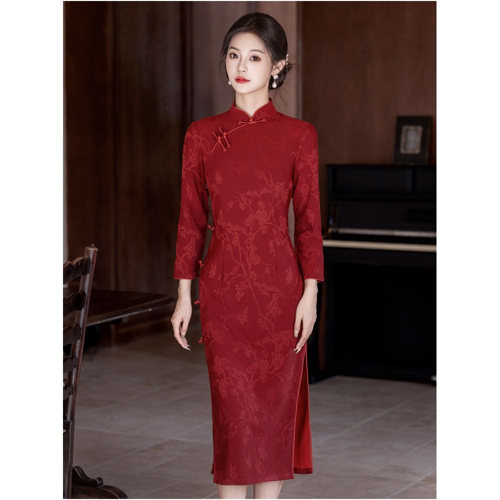 HARSIDE New Chinese Retro Chinese Style Long sleeved Stand up Collar Cheongsam Autumn Winter Bridal Toast Dress Engagement High end Beautiful image 2