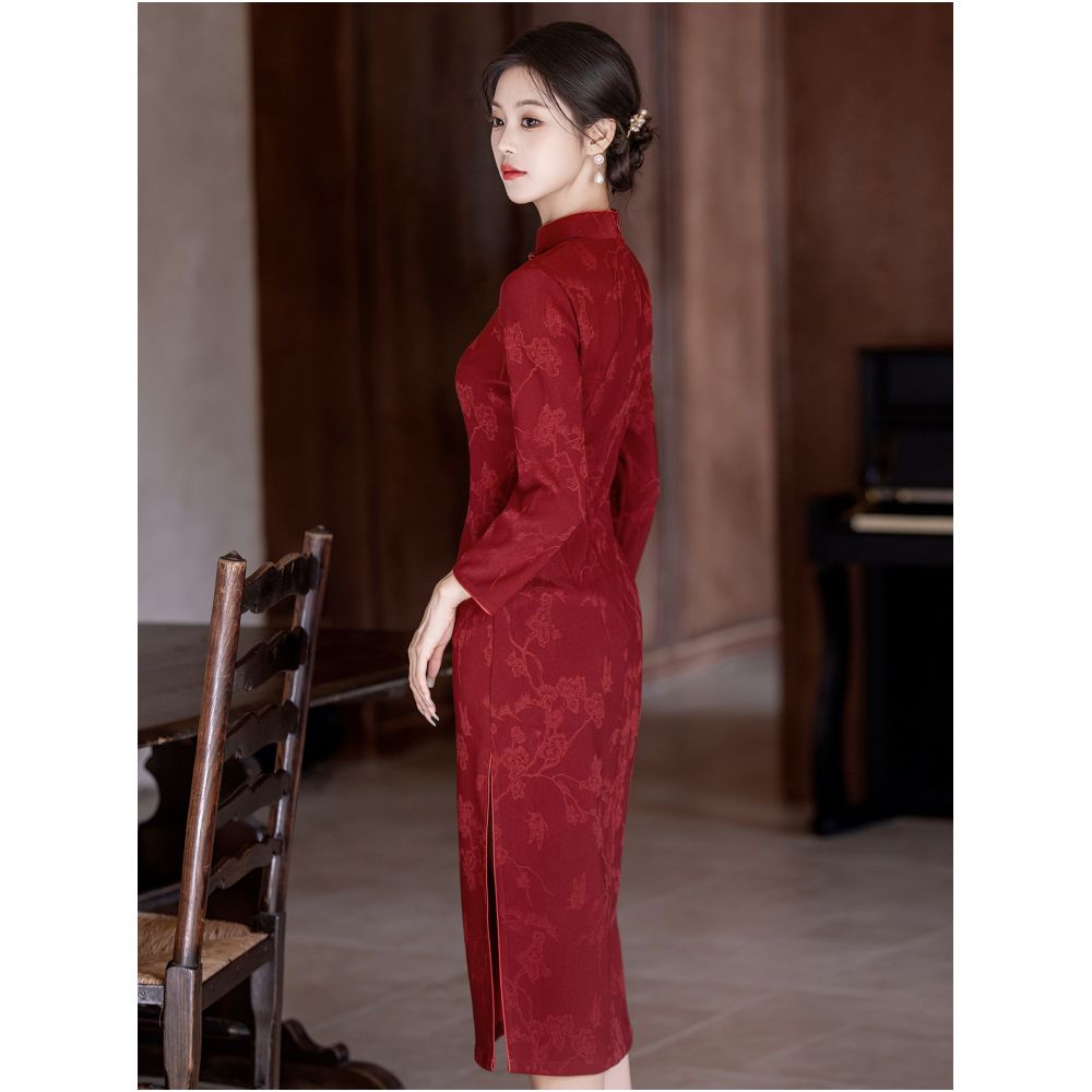 HARSIDE New Chinese Retro Chinese Style Long sleeved Stand up Collar Cheongsam Autumn Winter Bridal Toast Dress Engagement High end Beautiful image 3