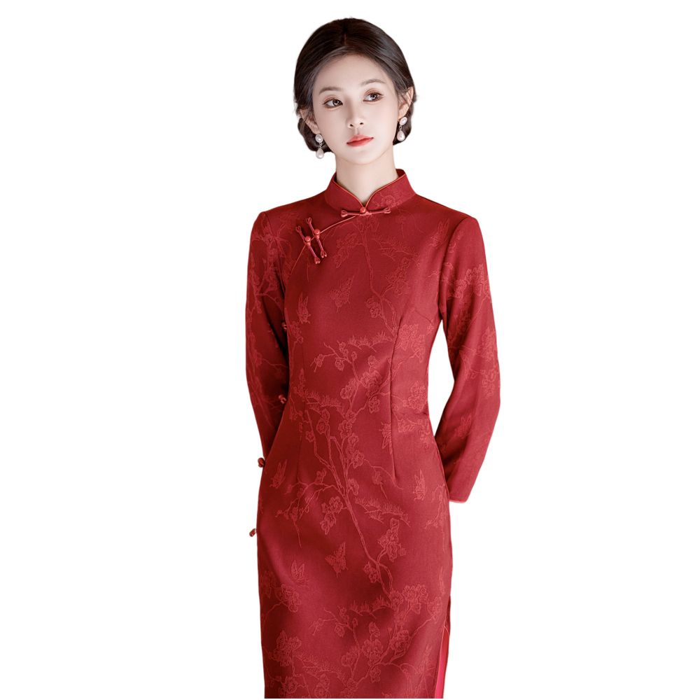 HARSIDE New Chinese Retro Chinese Style Long sleeved Stand up Collar Cheongsam Autumn Winter Bridal Toast Dress Engagement High end Beautiful image 4