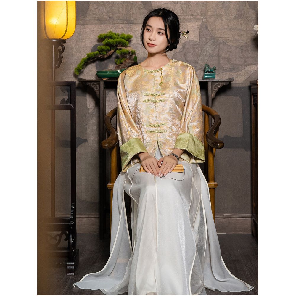 New Chinese style women s clothing Chinese style jacquard new Song brocade jacket shirt long sleeved spring and autumn style vintage style plate buckle tea suit image 1
