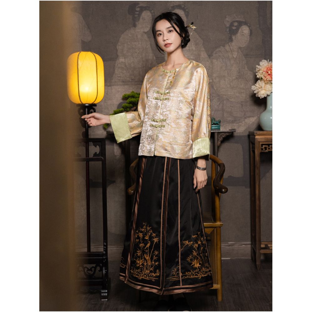 New Chinese style women s clothing Chinese style jacquard new Song brocade jacket shirt long sleeved spring and autumn style vintage style plate buckle tea suit image 2
