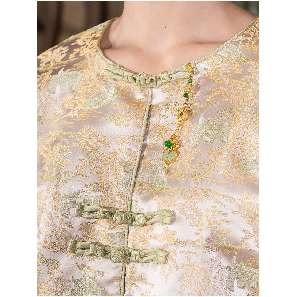 New Chinese style women s clothing Chinese style jacquard new Song brocade jacket shirt long sleeved spring and autumn style vintage style plate buckle tea suit image 3
