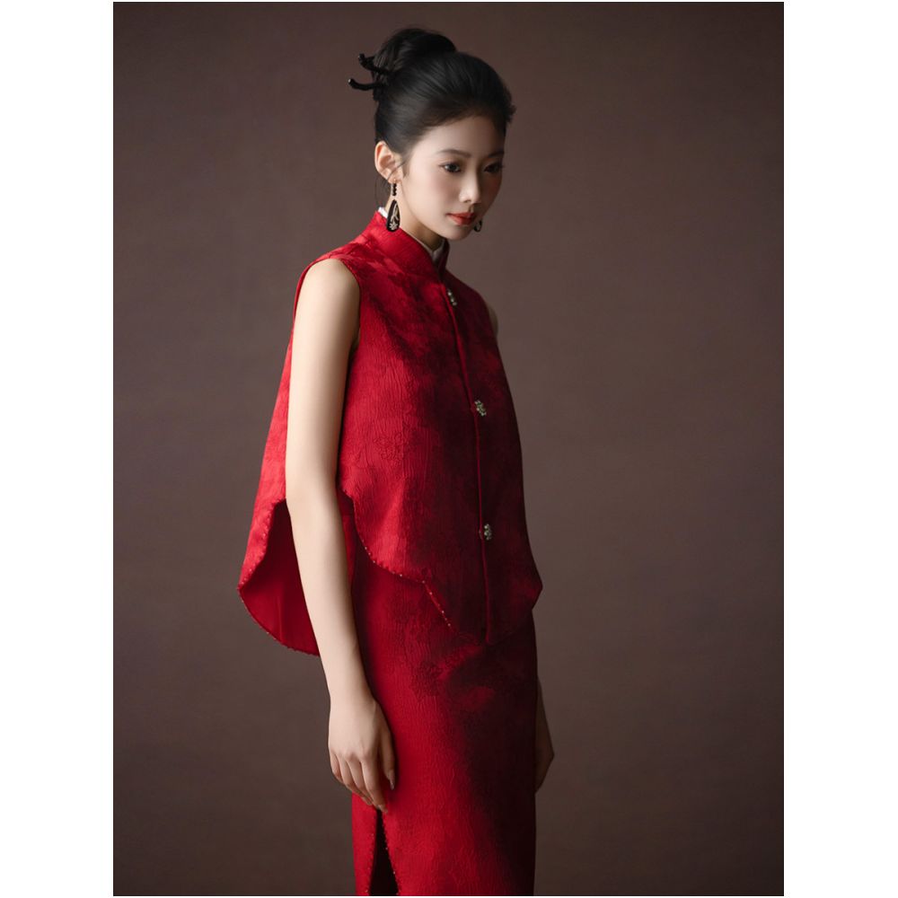 Dear Mudan Yao Spring Ying Chinese Style Bridal Toast Dress Cheongsam Summer Red Engagement Dress Set Three Piece Set image 2