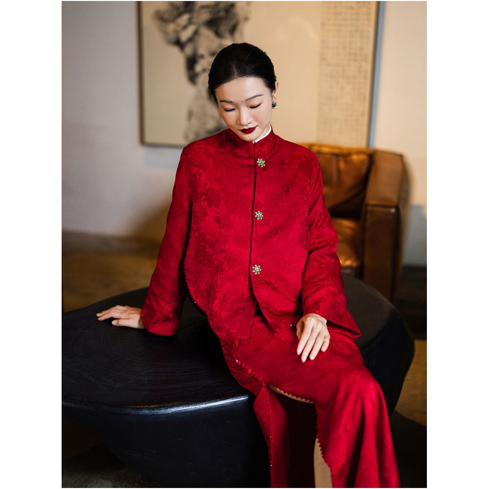 Dear Peony Red Bridal Toast Dress Cheongsam 2026 Long Sleeve Engagement Dress Set for Exiting the Pavilion and Returning to the Door Casual Clothes image 0