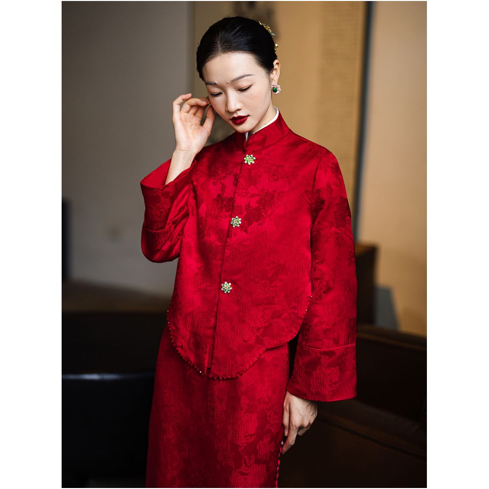 Dear Peony Red Bridal Toast Dress Cheongsam 2026 Long Sleeve Engagement Dress Set for Exiting the Pavilion and Returning to the Door Casual Clothes image 1