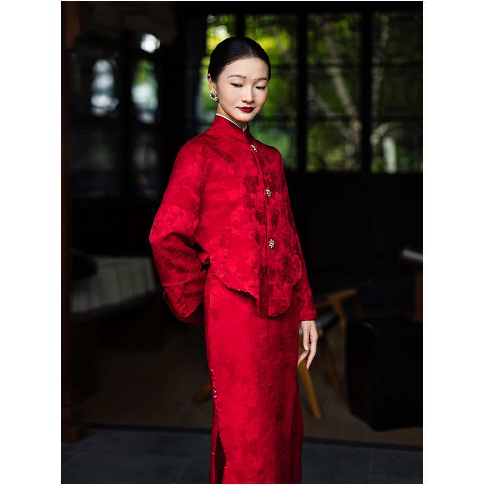 Dear Peony Red Bridal Toast Dress Cheongsam 2026 Long Sleeve Engagement Dress Set for Exiting the Pavilion and Returning to the Door Casual Clothes image 2