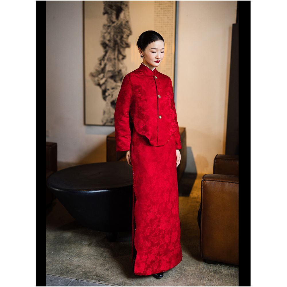 Dear Peony Red Bridal Toast Dress Cheongsam 2026 Long Sleeve Engagement Dress Set for Exiting the Pavilion and Returning to the Door Casual Clothes image 4