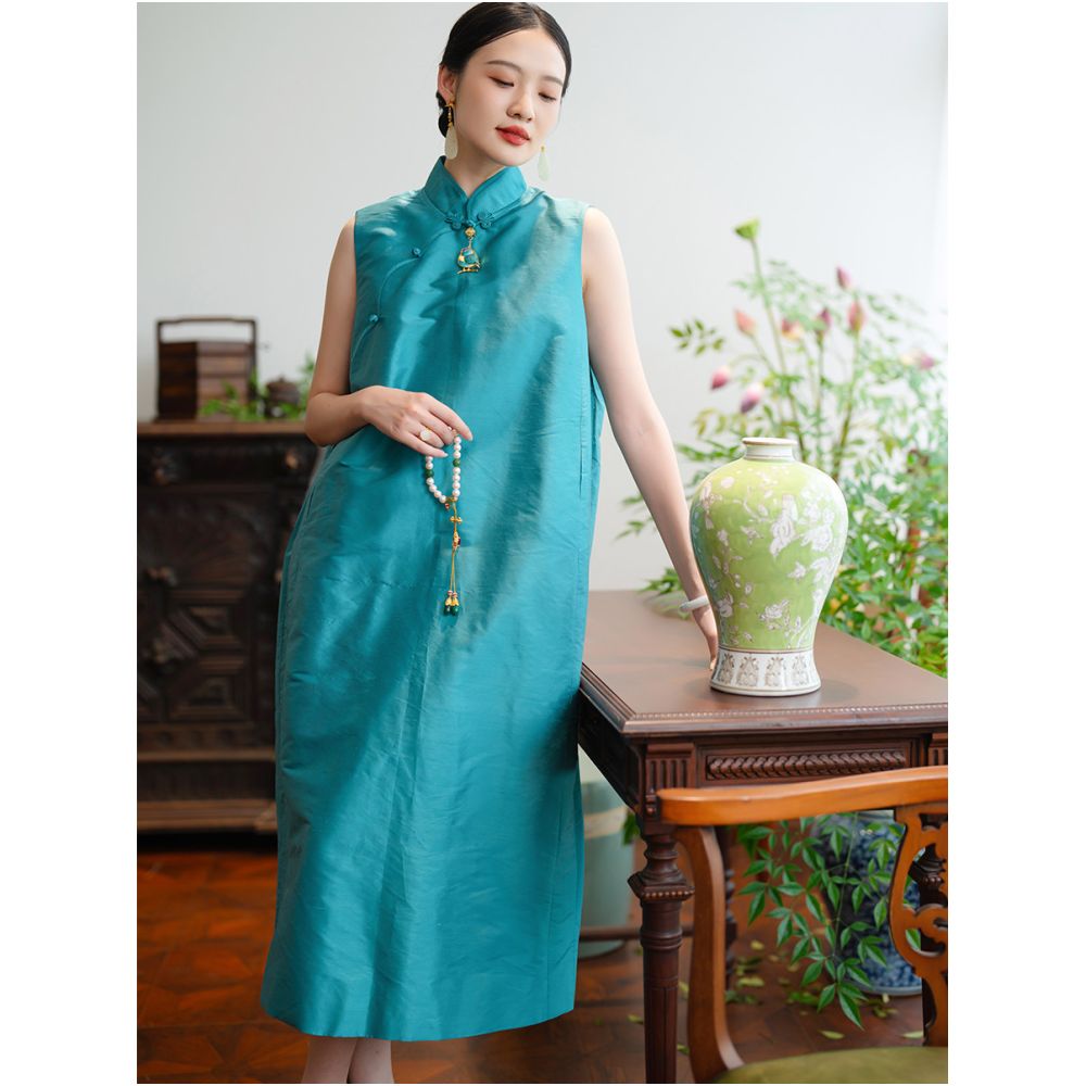 2024 New Product PCY1989 Relaxing Bamboo Knot Silk Double Palace Silk Cocoon Type Pan Button Standing Collar Cheongsam Dress image 1