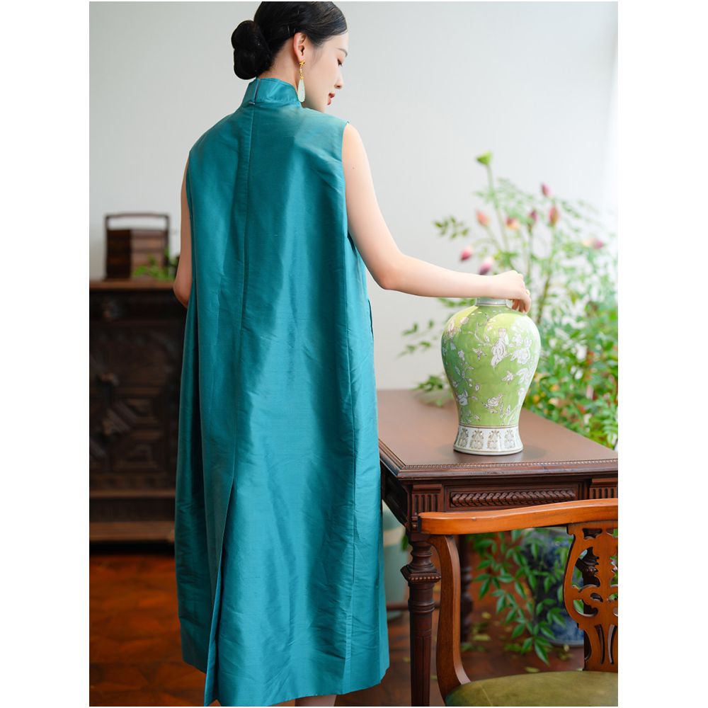 2024 New Product PCY1989 Relaxing Bamboo Knot Silk Double Palace Silk Cocoon Type Pan Button Standing Collar Cheongsam Dress image 3