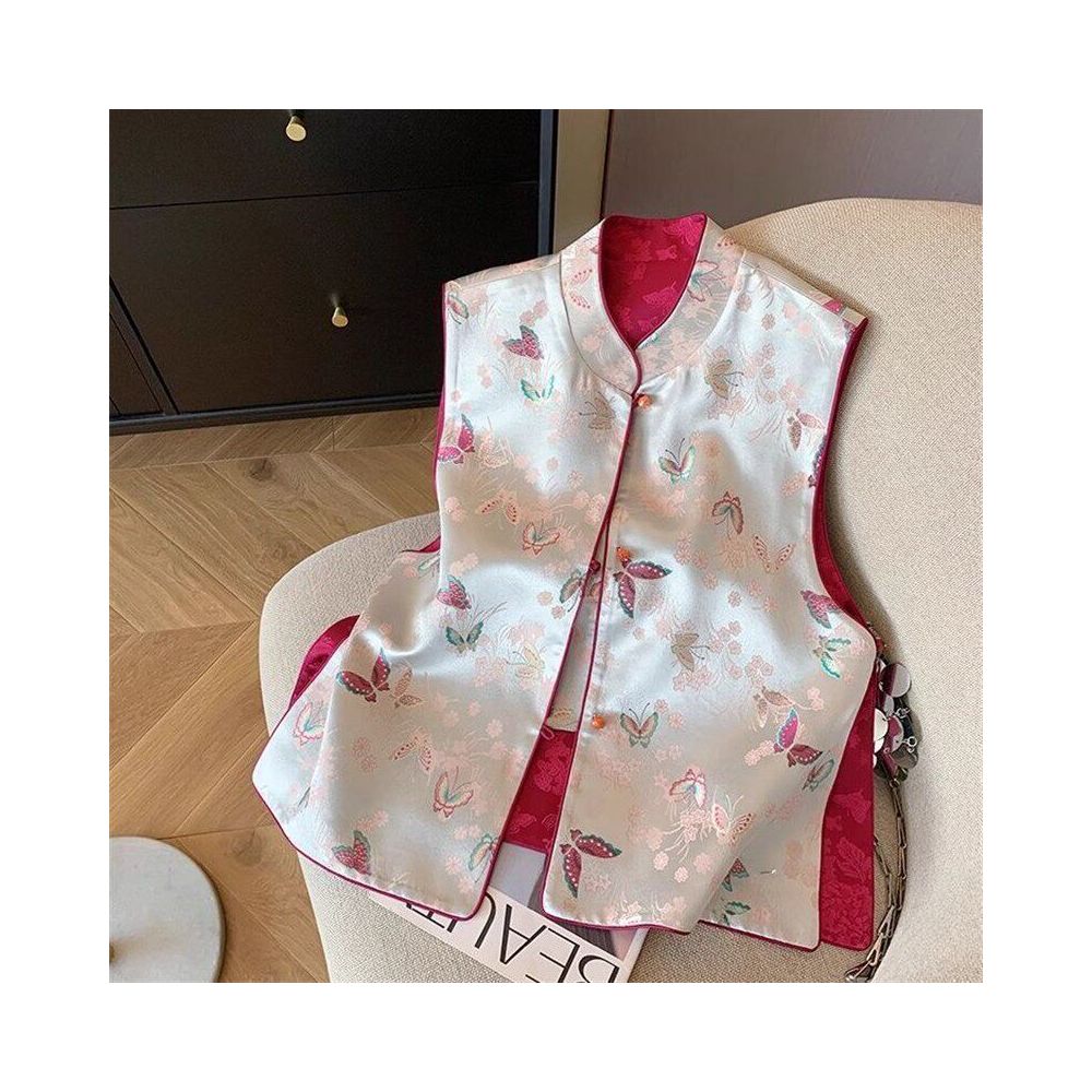 New Chinese style butterfly jacquard standing collar vest for women in spring 2025 high end temperament satin national style vest top image 1