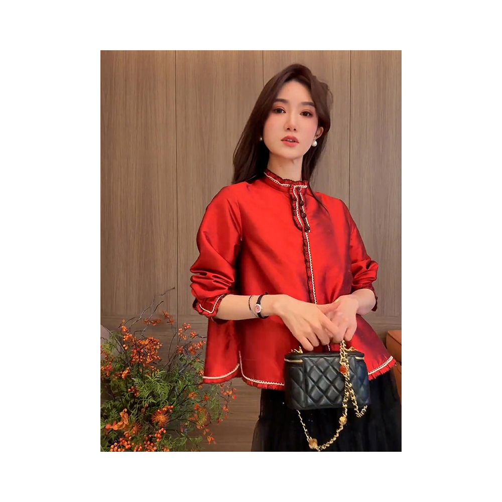 Autumn and winter design sense niche fashion western style versatile cool style high end sense new Chinese style Chinese style red New Year shirt image 2