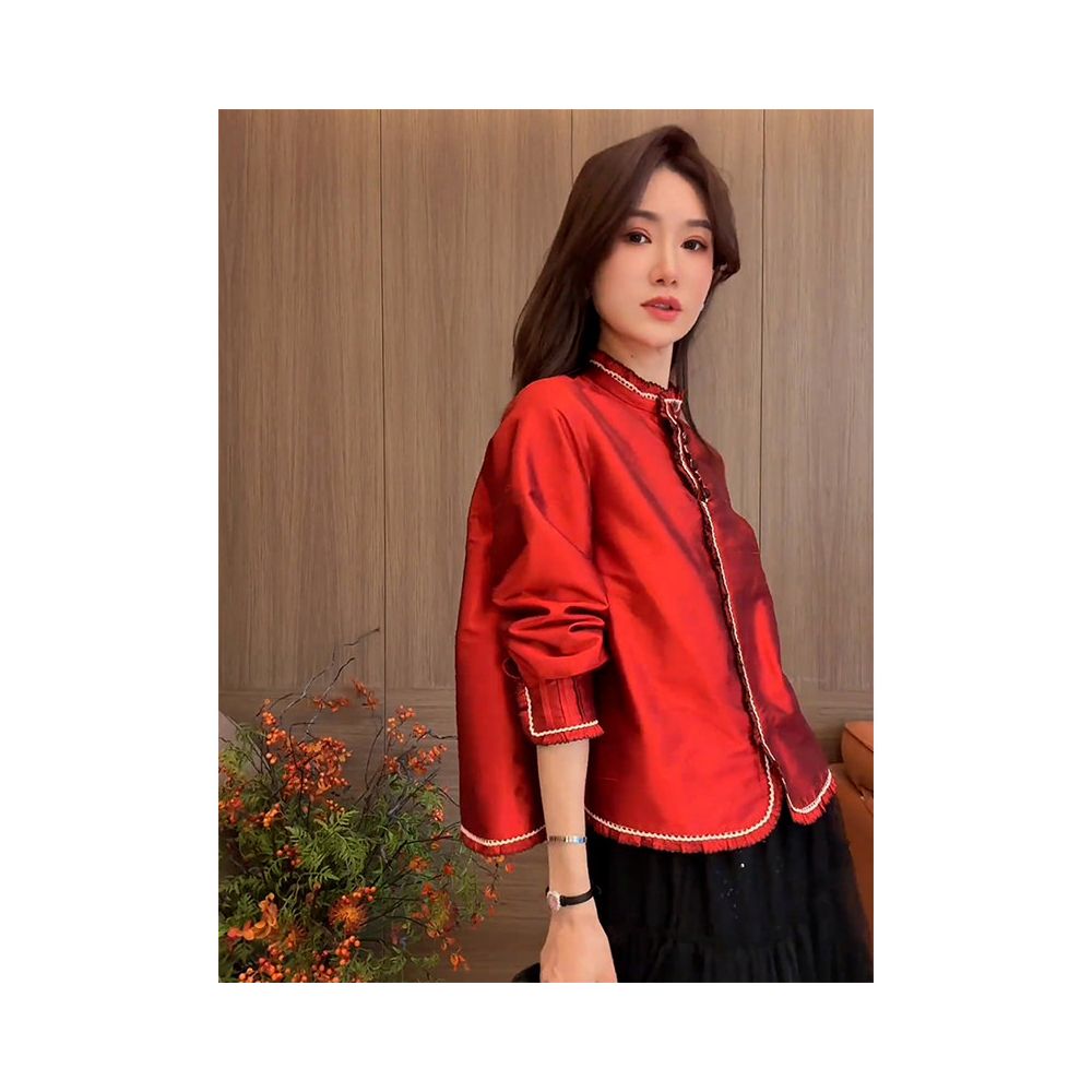 Autumn and winter design sense niche fashion western style versatile cool style high end sense new Chinese style Chinese style red New Year shirt image 3