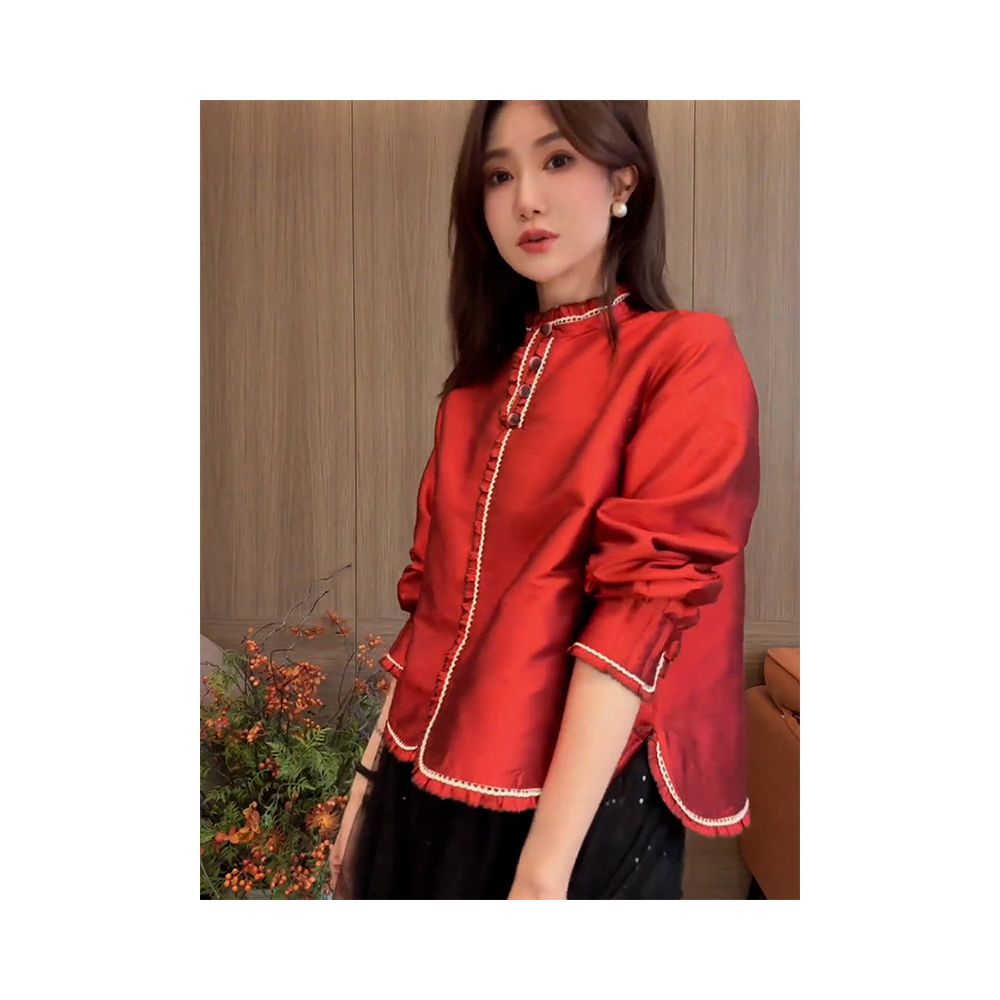 Autumn and winter design sense niche fashion western style versatile cool style high end sense new Chinese style Chinese style red New Year shirt image 5
