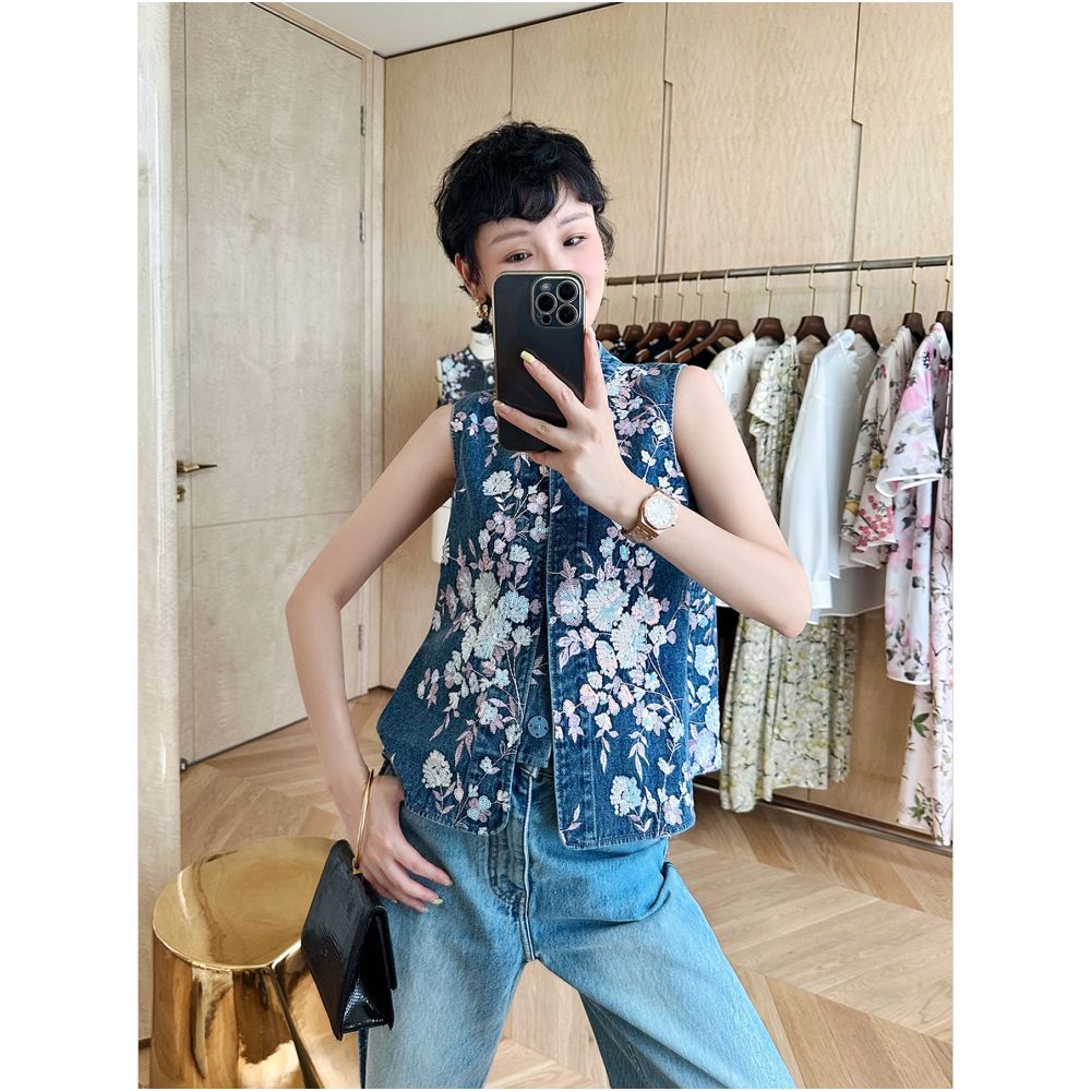 MR 99 Colorful Charm Orchid Treasure Full Version Colorful Flower Leaf Bead Stacked Embroidery Cotton Cowboy Stand up Collar Small Vest image 4