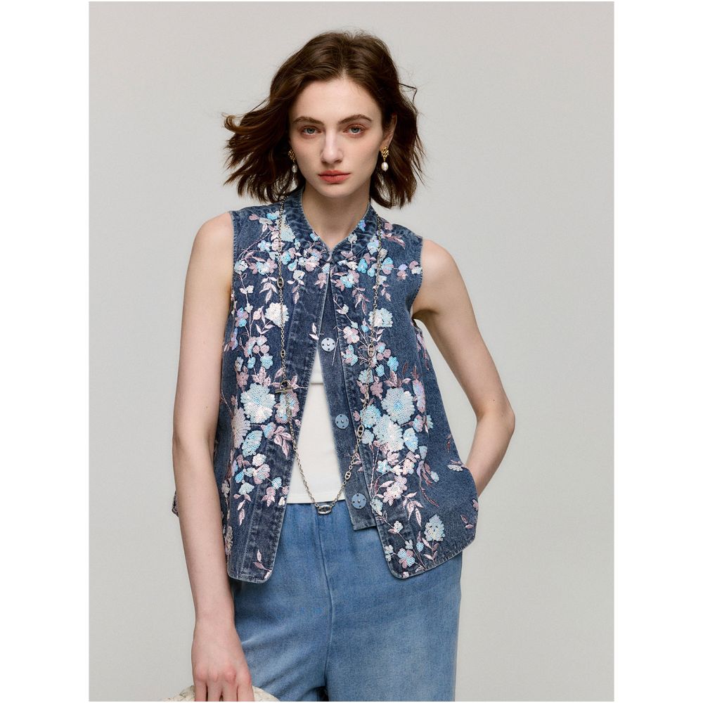 MR 99 Colorful Charm Orchid Treasure Full Version Colorful Flower Leaf Bead Stacked Embroidery Cotton Cowboy Stand up Collar Small Vest image 0