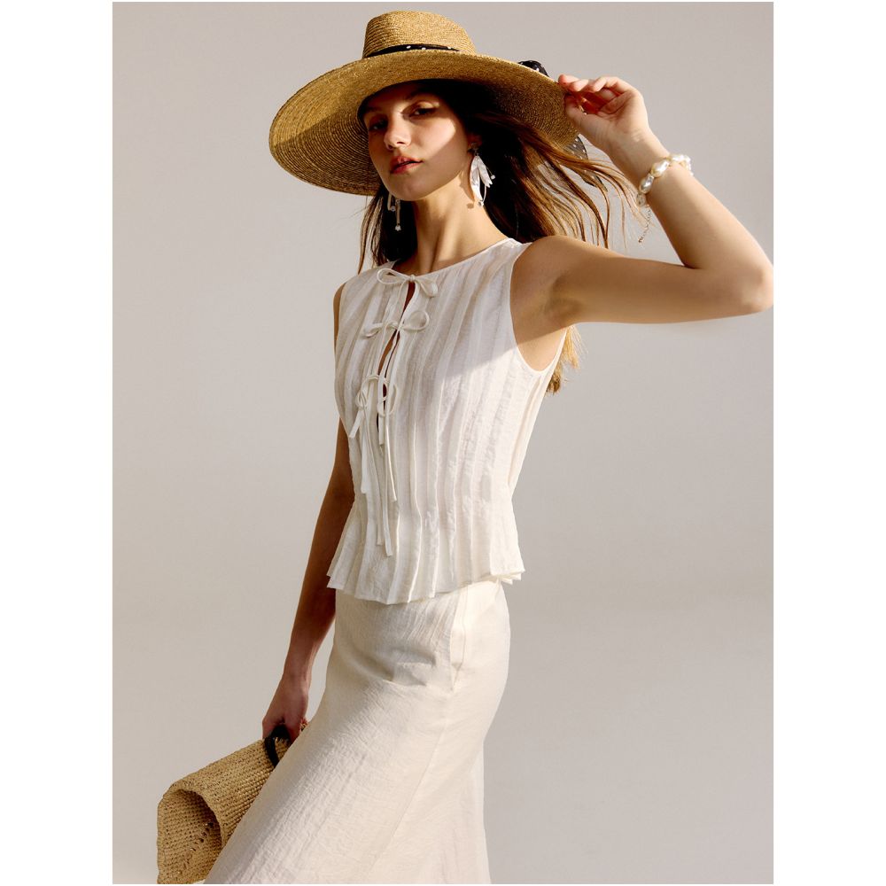 MR 99 Aegean Sea Lightweight Silk Soft Natural Flax Cool Skin friendly Tucker Fold Strap Vest Half Skirt Set image 0