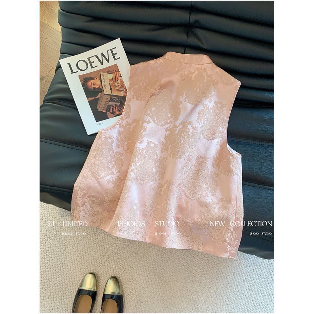 New Chinese style pink dark patterned jacquard diagonal breasted Chinese style vest for women high end and beautiful with a Western style layered on the shoulder top image 1