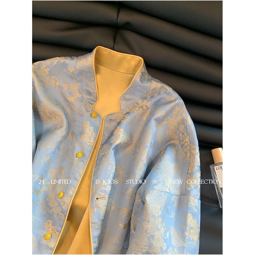 New Chinese style contrasting jacquard stand up collar satin jacket for spring 2025 high end women s clothing double sided Chinese style top image 2