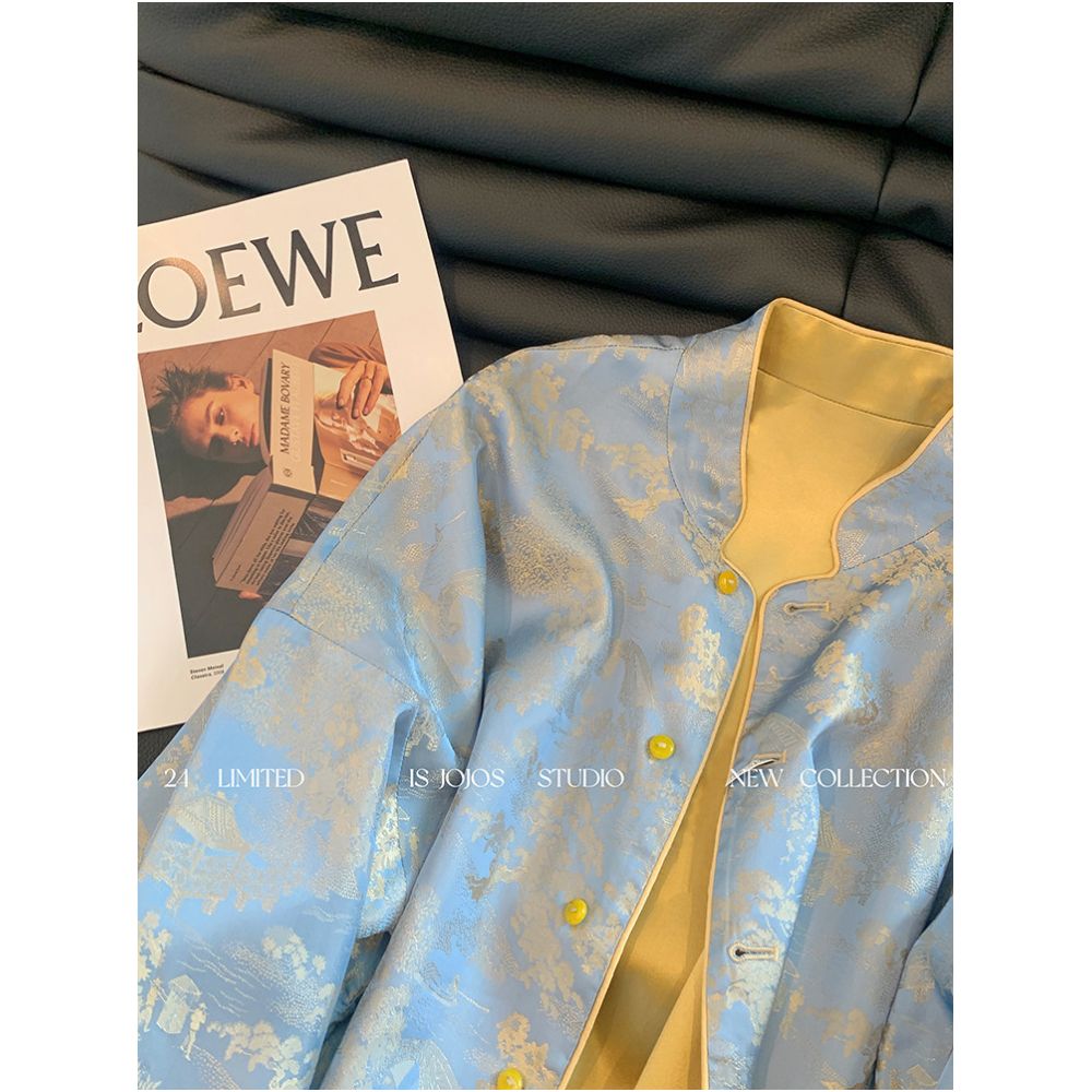 New Chinese style contrasting jacquard stand up collar satin jacket for spring 2025 high end women s clothing double sided Chinese style top image 3