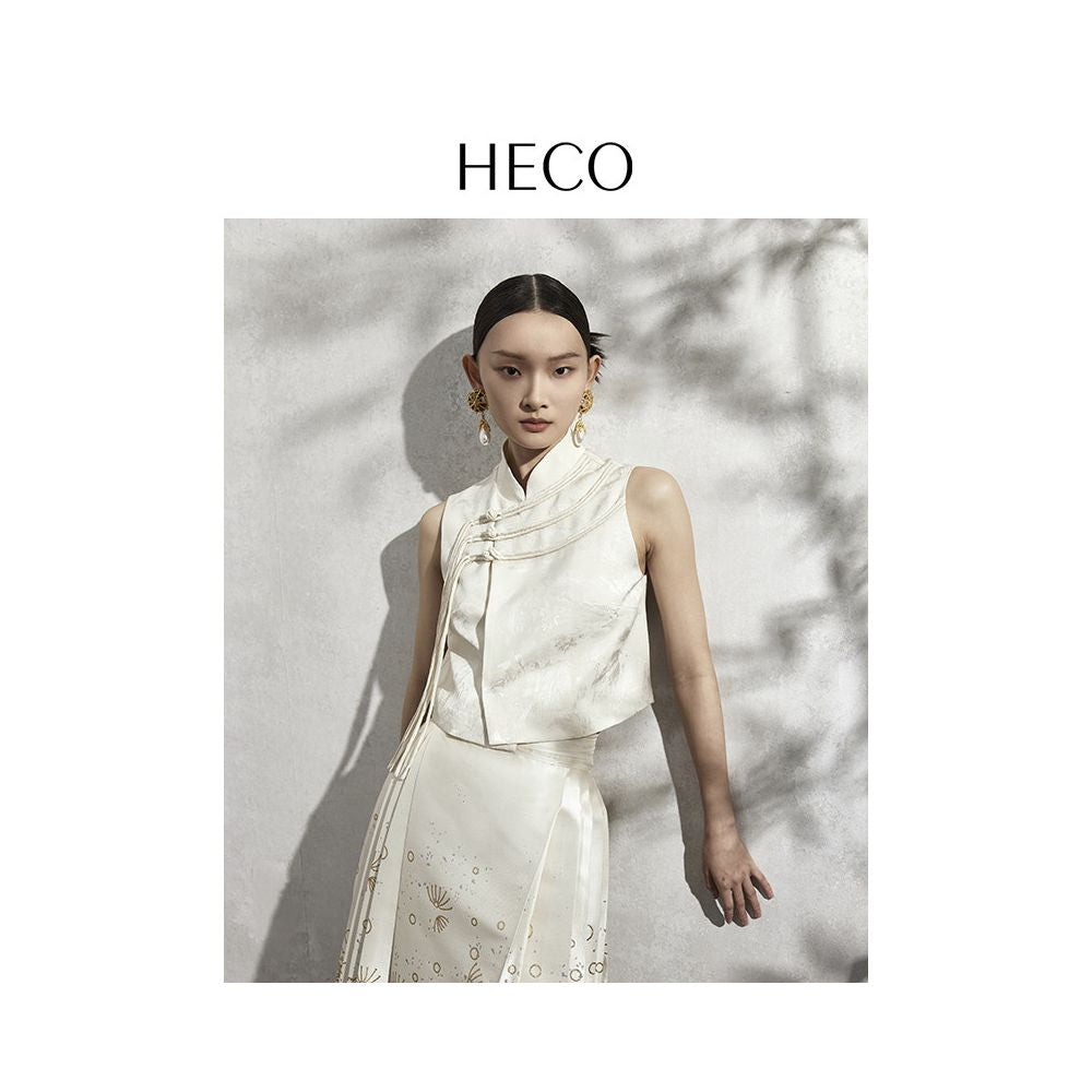 Yang Mi s HECO English Style New Chinese Style Acetic Acid Jacquard Camry Shoulder Tank Top with Buckle Cheongsam Collar and Vest image 4