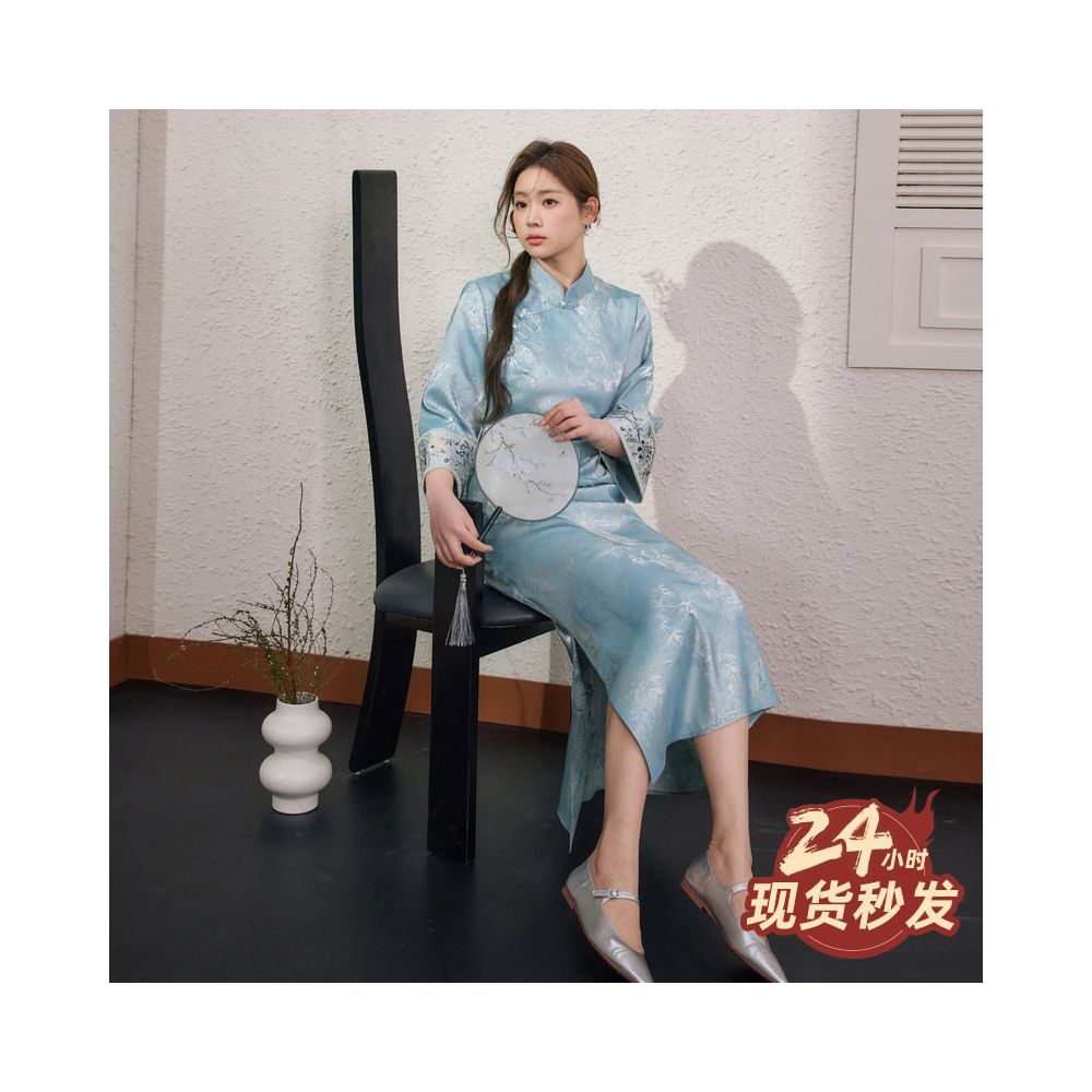 Blue language plus size women s clothing new Chinese style improved jacquard qipao skirt 2025 autumn new style slimming elegant dress image 2