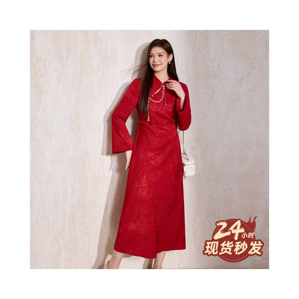 National Color Blossoms 2 0 Blue Language Large Size Women s Clothing New Chinese Red Engagement Cheongsam Pinch Waist and Look Thin Dress image 2