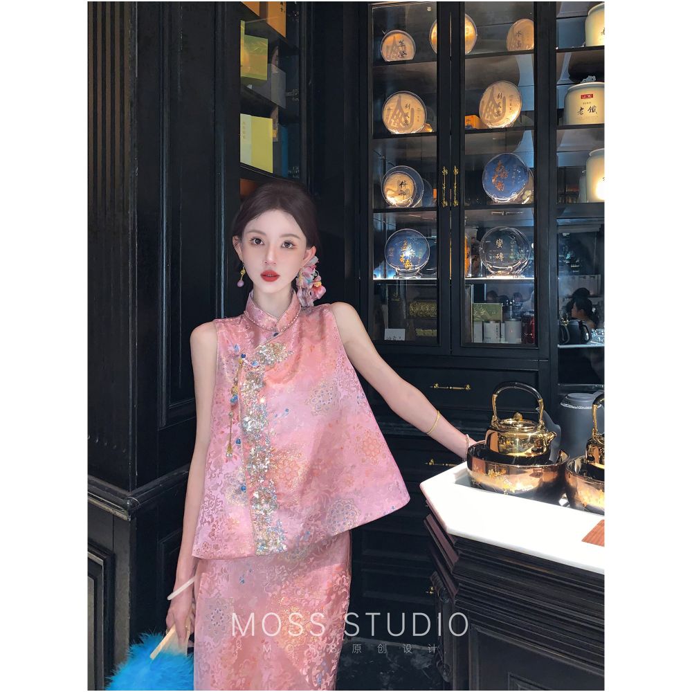 MOSS STUDIO Jinyu Hualuo New Chinese style Phoenix Jacquard Pearl Embroidered Coat Vest Half Skirt Set image 2