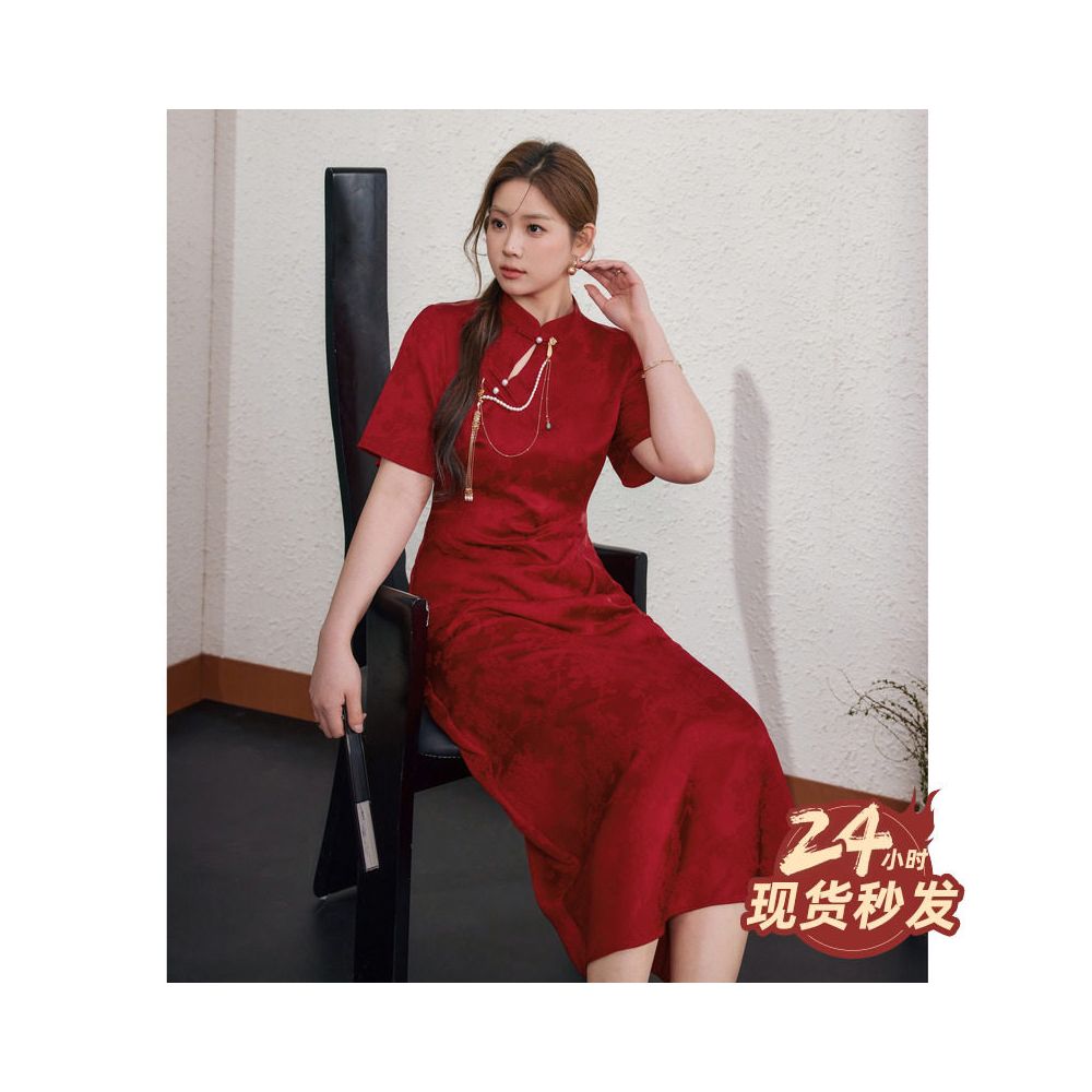 National color blue language plus size women s clothing new Chinese style red engagement cheongsam summer waist hugging and belly covering dress image 2