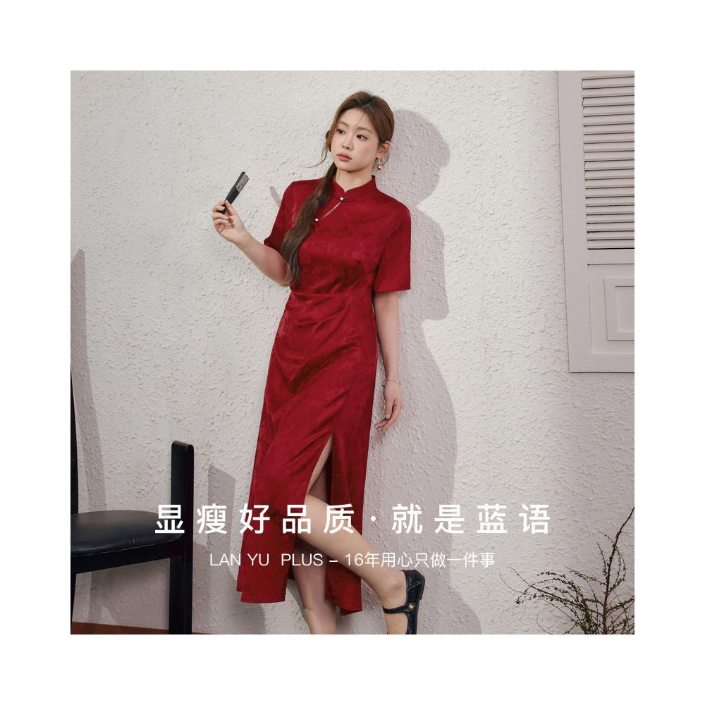 National color blue language plus size women s clothing new Chinese style red engagement cheongsam summer waist hugging and belly covering dress image 4