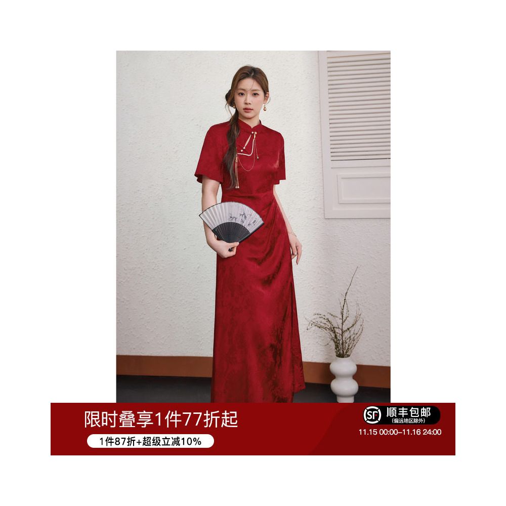 National color blue language plus size women s clothing new Chinese style red engagement cheongsam summer waist hugging and belly covering dress image 0