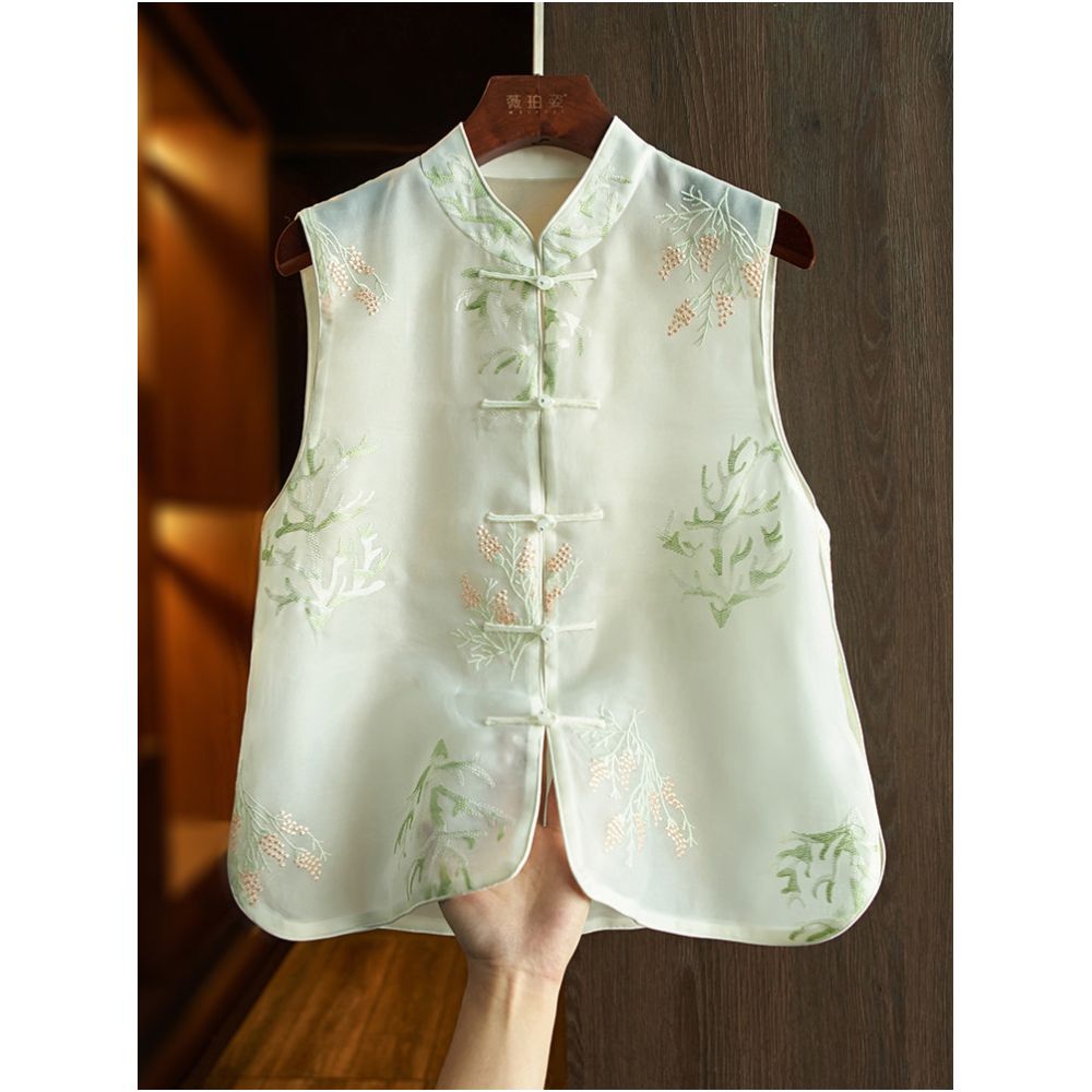 High end white silk Chinese style shirt vest summer thin design worn on the outside retro embroidered mulberry silk new Chinese style top image 0