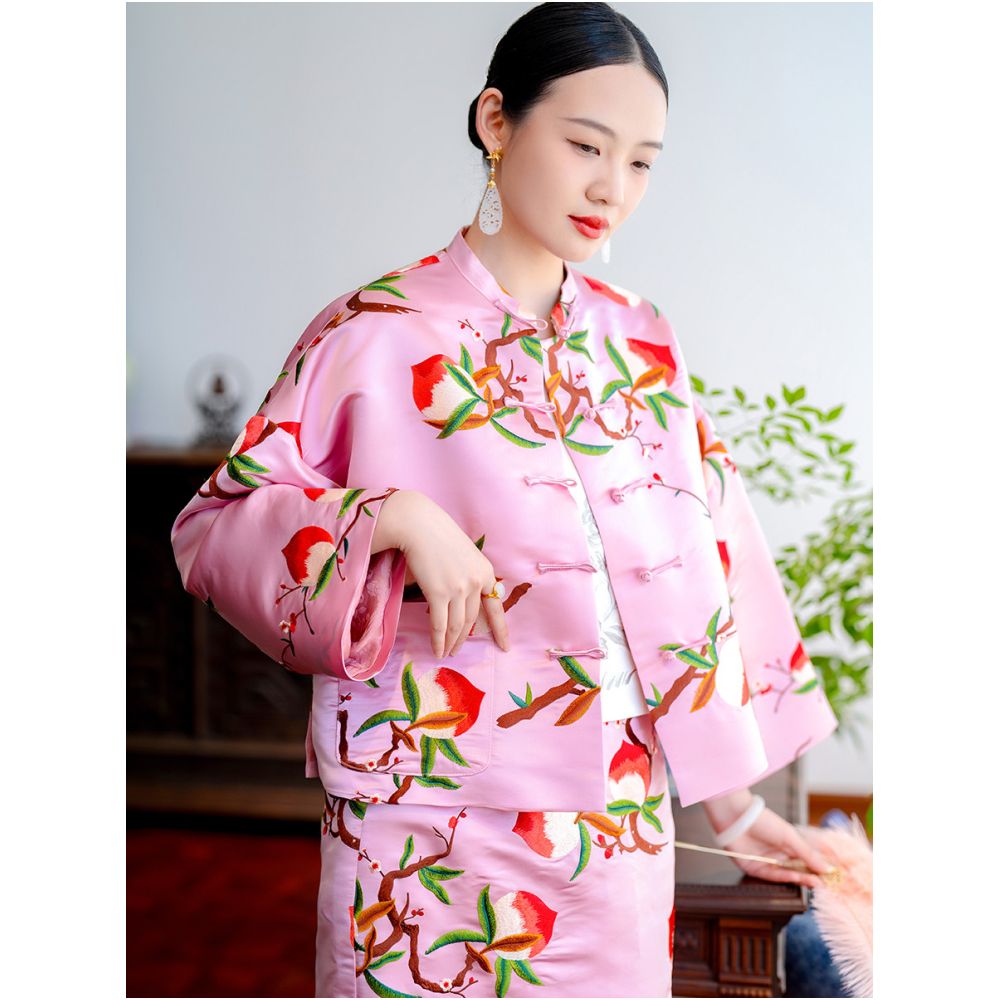 2025 New Product PSL1468 Silk Satin Satin Fortune Peach Embroidered New Chinese Retro Buckle Coat Top for Women image 3