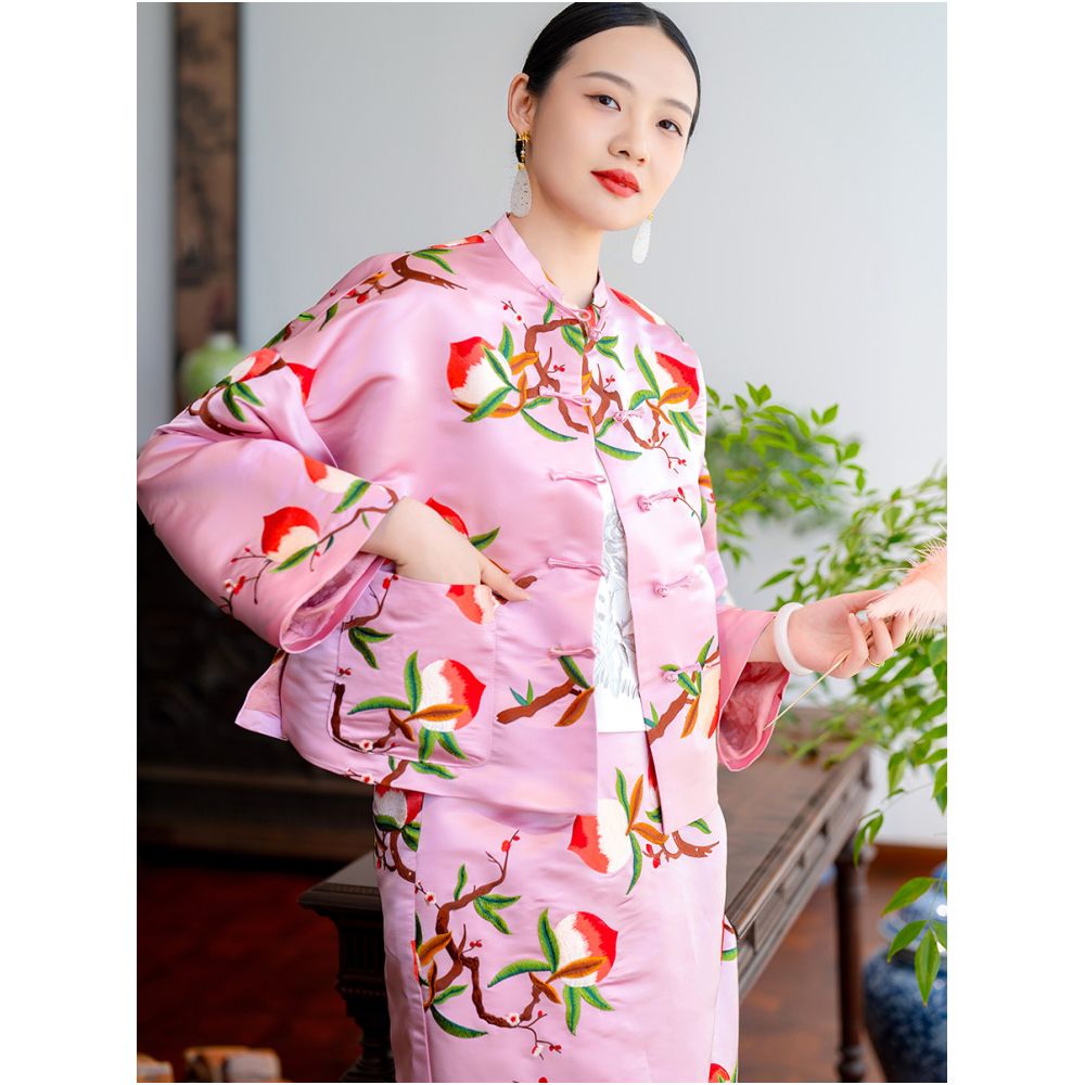 2025 New Product PSL1468 Silk Satin Satin Fortune Peach Embroidered New Chinese Retro Buckle Coat Top for Women image 4