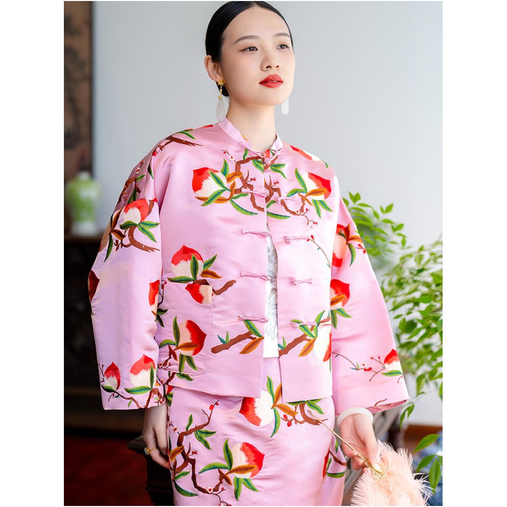 2025 New Product PSL1468 Silk Satin Satin Fortune Peach Embroidered New Chinese Retro Buckle Coat Top for Women image 1