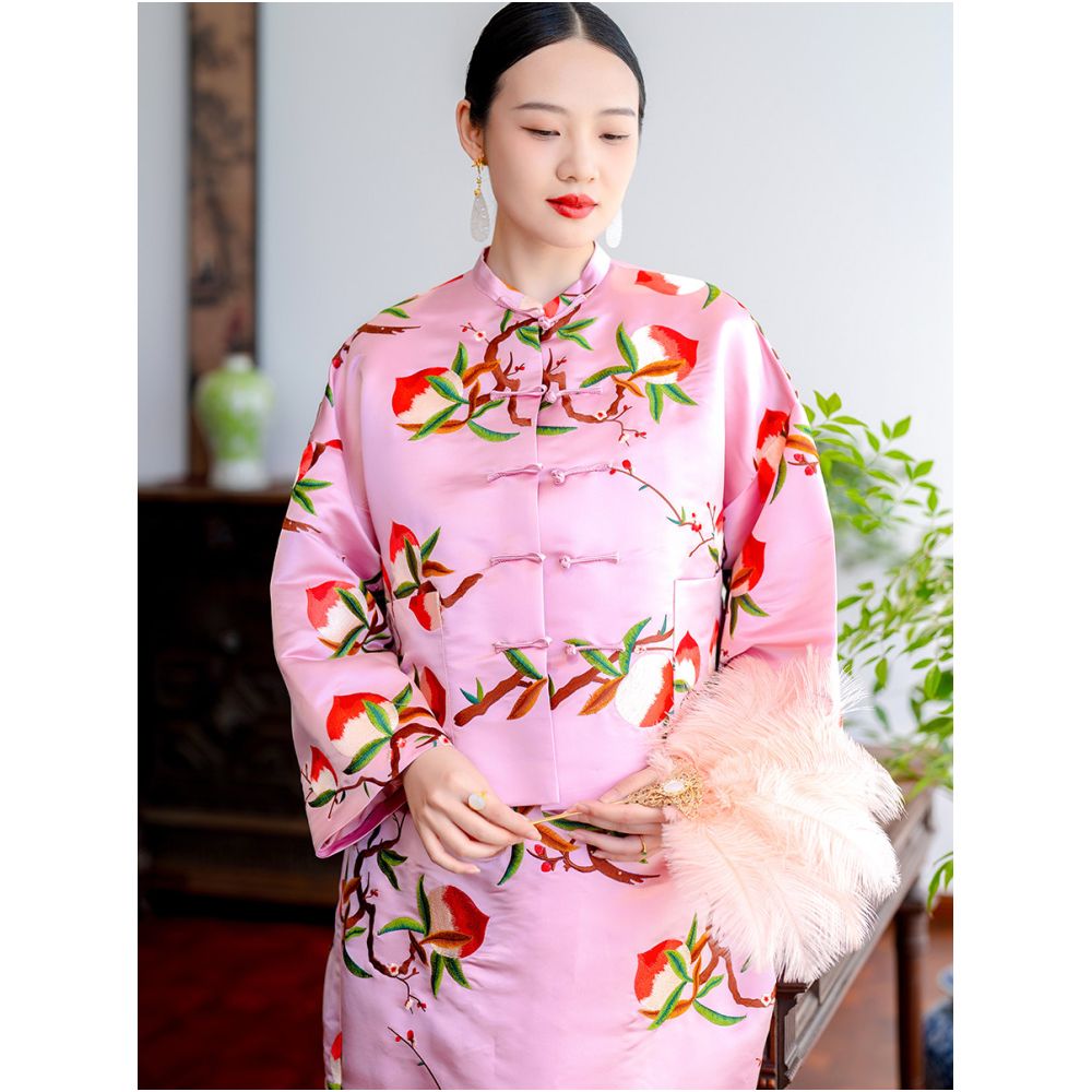2025 New Product PSL1468 Silk Satin Satin Fortune Peach Embroidered New Chinese Retro Buckle Coat Top for Women image 2