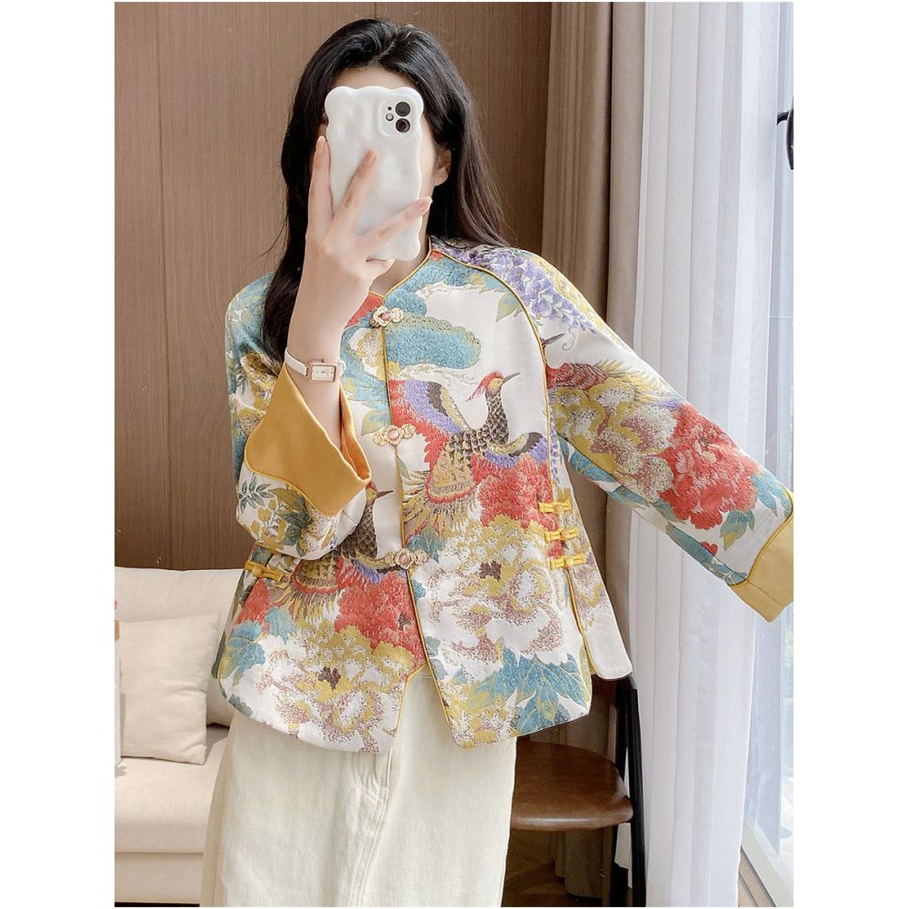 Tang style Chinese women s clothing young style embroidered jacket spring and autumn modified cheongsam retro Chinese style top with frog buttons trendy image 0