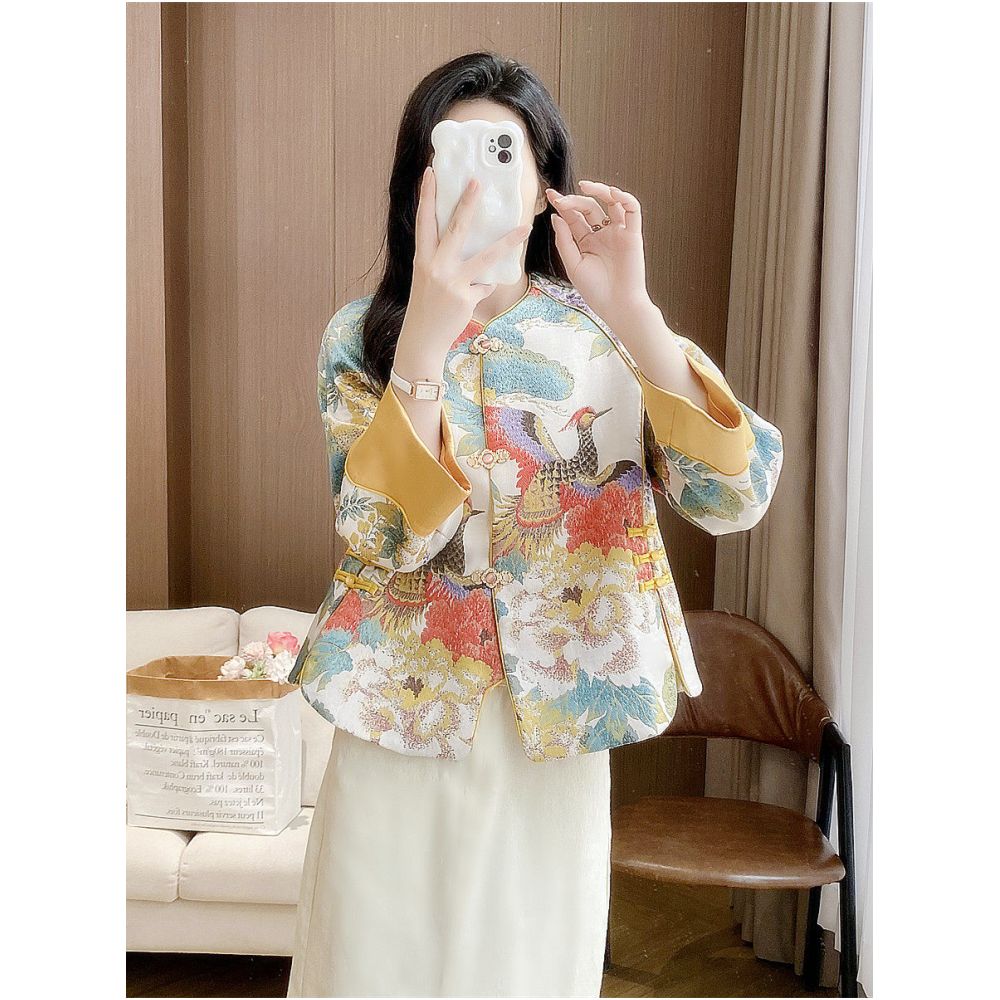 Tang style Chinese women s clothing young style embroidered jacket spring and autumn modified cheongsam retro Chinese style top with frog buttons trendy image 2