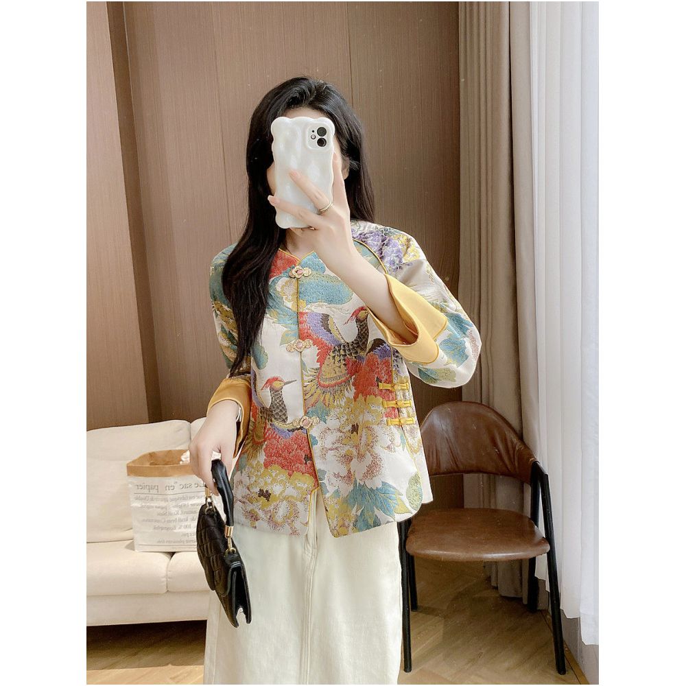 Tang style Chinese women s clothing young style embroidered jacket spring and autumn modified cheongsam retro Chinese style top with frog buttons trendy image 3