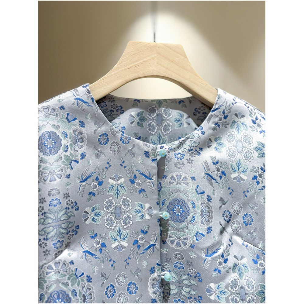 Blue woven brocade jacquard Chinese style jacket for women 2026 spring new round neck elegant and dignified temperament loose top image 1
