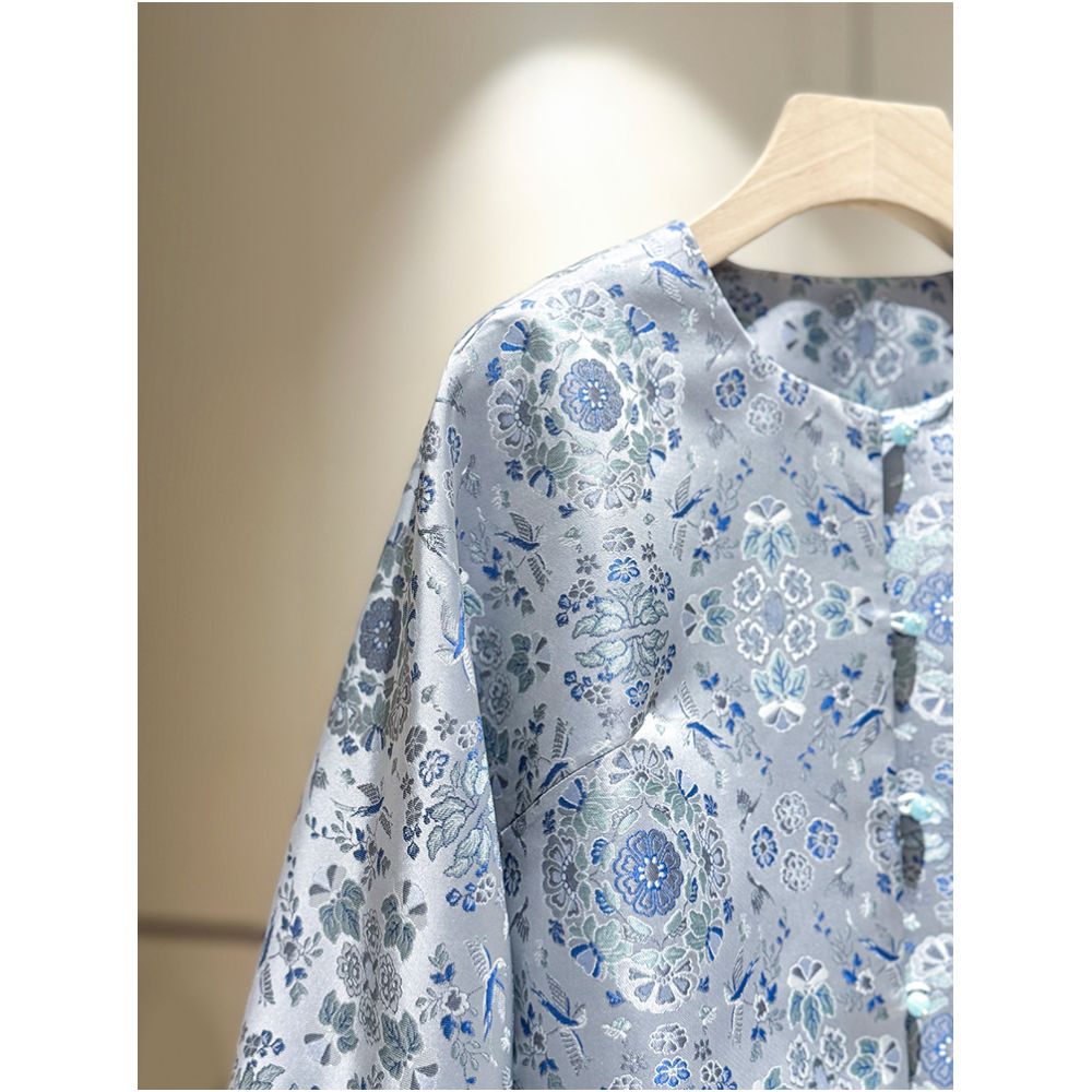 Blue woven brocade jacquard Chinese style jacket for women 2026 spring new round neck elegant and dignified temperament loose top image 2