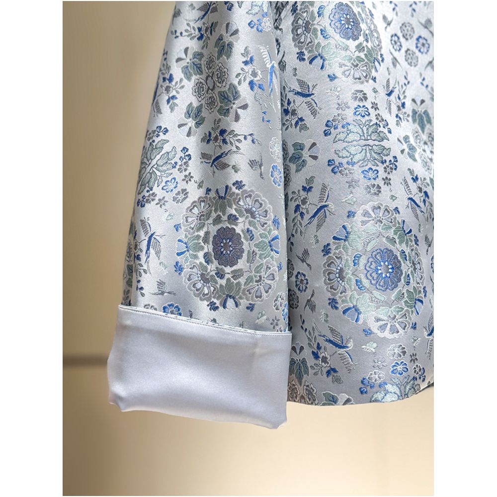 Blue woven brocade jacquard Chinese style jacket for women 2026 spring new round neck elegant and dignified temperament loose top image 3