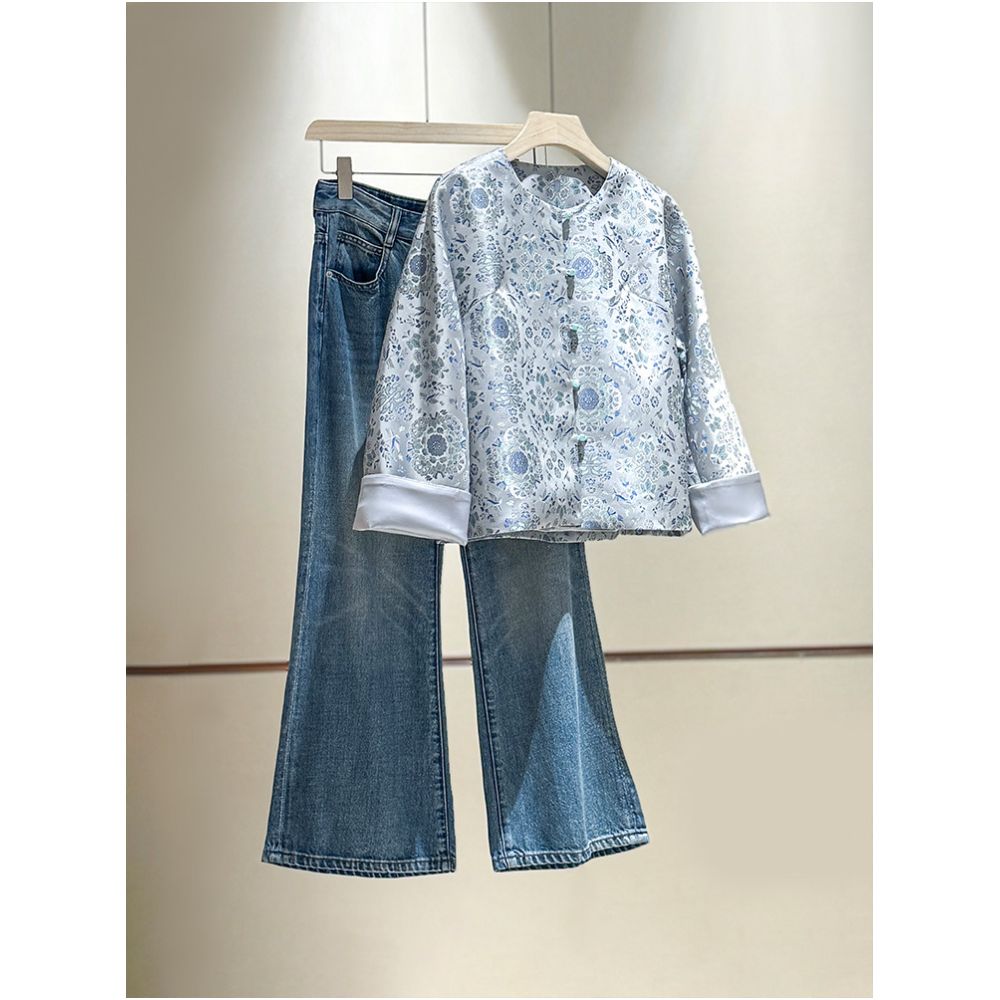 Blue woven brocade jacquard Chinese style jacket for women 2026 spring new round neck elegant and dignified temperament loose top image 4