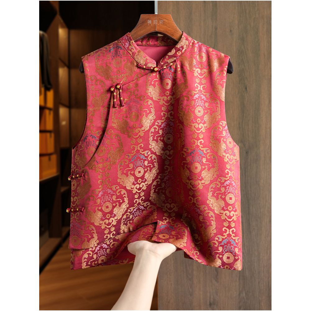 Red silk Song brocade fragrant cloud yarn craft vest women s style improved diagonal collar plate buckle new Chinese style outerwear top image 1